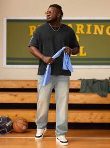 EASEVO Plus Size Men Street Fashion Loose Knit Patch Embroidered Black T-Shirt - Black - View 5