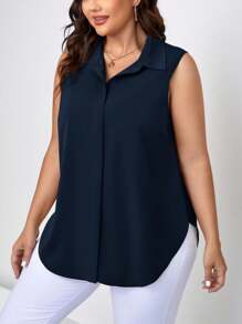 Chikora Plus Size Front Button Summer Casual Sleeveless Shirt - Navy Blue - View 1