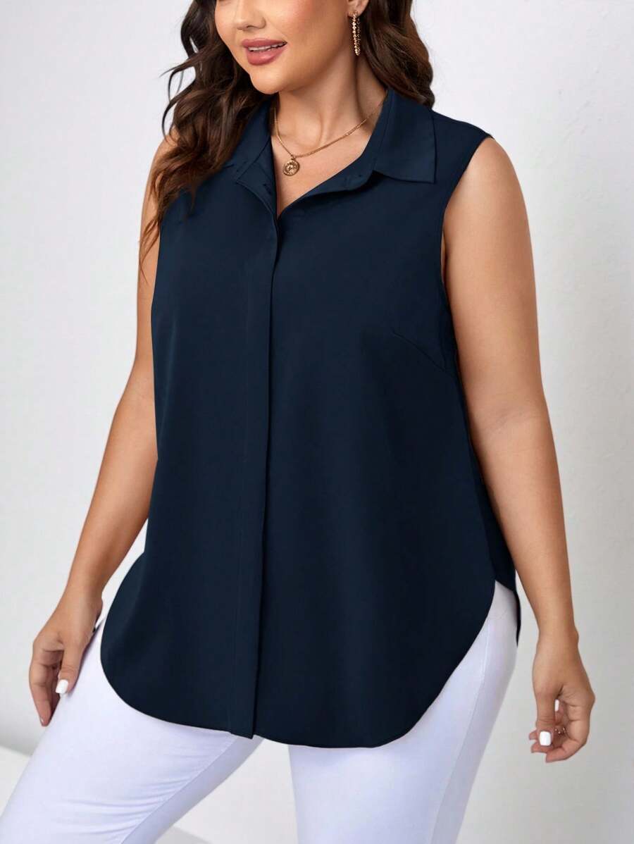 Chikora Plus Size Front Button Summer Casual Sleeveless Shirt - Navy Blue - View 1