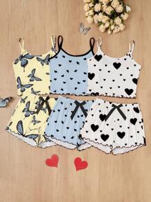 SHEIN 3件套爱心蝴蝶结印花吊带短裤睡衣套装 - 彩色 - 查看 1