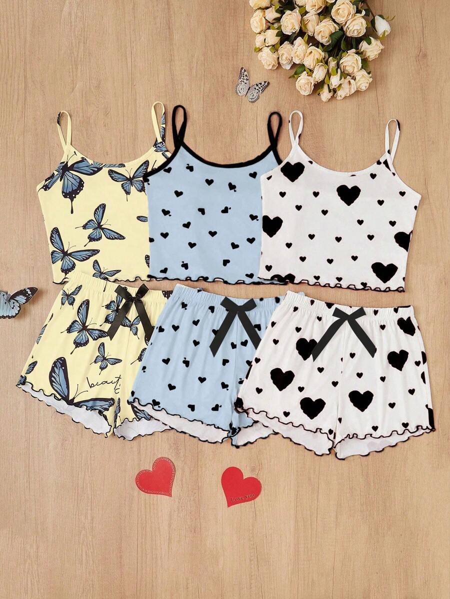 SHEIN 3件套爱心蝴蝶结印花吊带短裤睡衣套装 - 彩色 - 查看 1