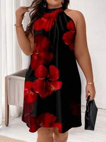 SHEIN Clasi Plus Size Red Tropical Floral Print Dress, Suitable For Summer,Summer Dresses For Women,Flowy Dress Suitable For Going Out Chic Dress - Black - View 3