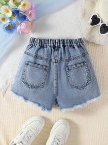 Teen Girls Y2K Style Faded Distressed Ripped Loose Straight Leg Denim Shorts, Soft & Comfortable Fabric, & Versatile For Casual Wear - Light Wash - View 2