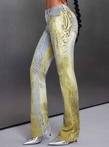 SHEIN Tall Jeans de pierna acampanada con estampado total y bolsillos para mujer de estilo urbano