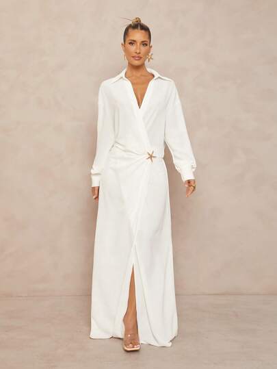 Lumalex All White Party Outfit Women Fall Modest Old Money Coquette Glitter Holiday Party Outfit Rave Festival Outing  Swim Vacation Bohemian BOHO Sea Beach Hot Outdoor Richly Layered Wedding Season Banquet Coming Of Age Ceremony Beach Seaside Loose Vacation Maxi Metal-Decor Floral Print Long Casual Dress For Women White Maxi Dress Long Sleeve White Maxi Dress White Wrap Dress White Vacation Dress White Dress Women
