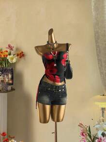 Attitoon Top halter con fruncido y lazo delantero, con estampado floral tropical rojo y negro