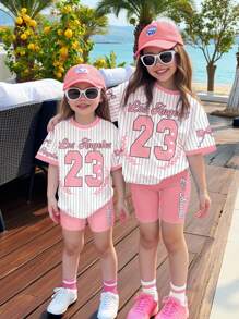 SHEIN Leap Crew Conjunto de top de manga corta y shorts casual y simple para niña, apropiado para el verano - Multicolor - Ver 6