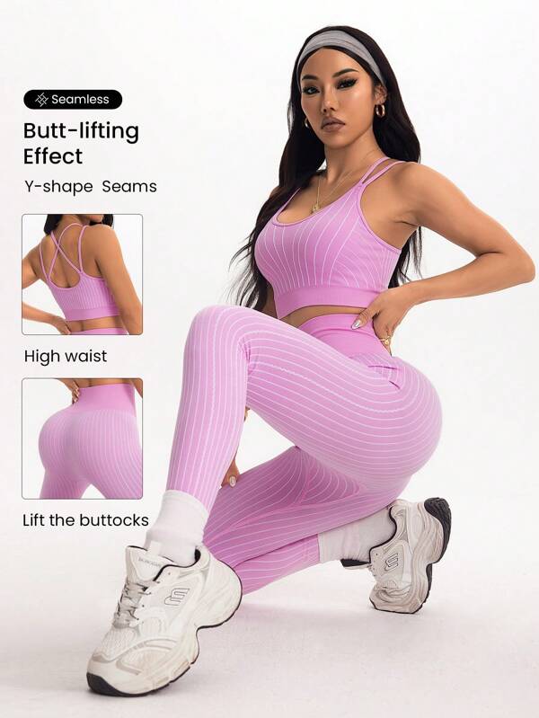 SHEIN Sport Studio Seamless Striped Print Women Sports Camisole And Long Pants 2 Pieces Set Workout Clothes Women Women Clothing Athletic Women Sports Outfit Workout Gear Women Women S Athletic Sets