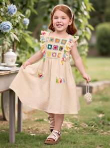 SHEIN Leap Crew 年轻女孩编织纯色拼布彩色饰边流苏方领连衣裙