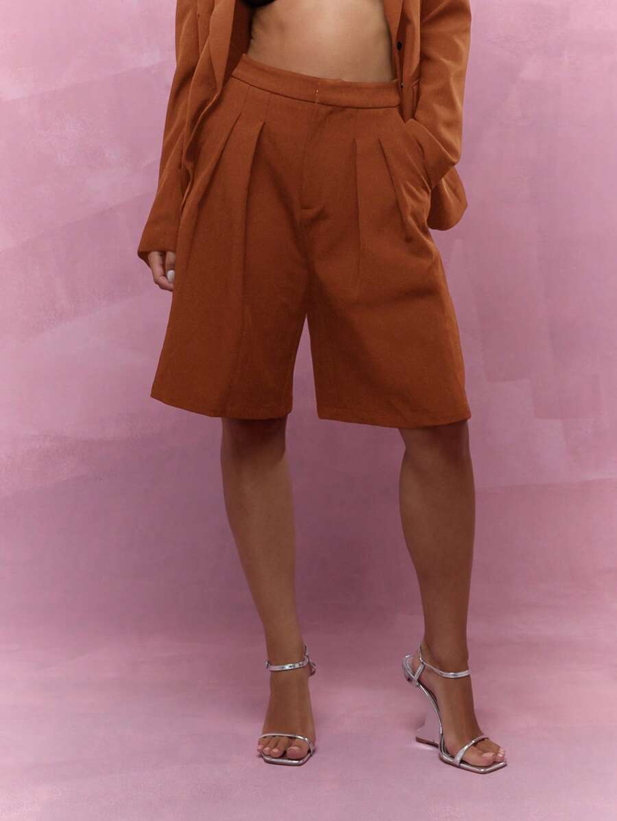 MISSGUIDED High Waisted Bermuda Shorts Tailored Pleated Knee Length Office Palazzo Wide Leg Culottes Fall Spring Professional - Chocolate Brown - View 1