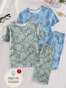 SHEIN 4pcs Tween Boys Snug Fit Summer Pajamas Set With Video Game & Headset Graphic, Short Sleeve Top And Shorts - Multicolor - View 3