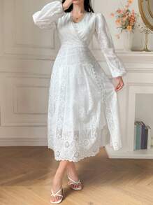 DAZY Elegant Women's Long Dress With V-Neck, Lantern Sleeves, And Contrast Lace Texture Material,Fall Dress Long Sleeve Dress - White - View 3