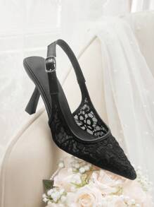 CUCCOO HITCHD Damskie szpilki ze szpiczastym noskiem, koronkowa siateczka, czarne buty ślubne, eleganckie oddychające damskie czółenka na wysokim obcasie - Czarne - Zobacz 5