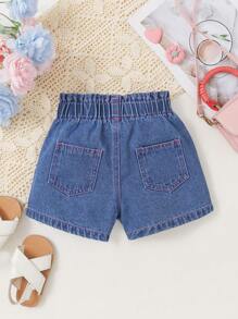 Vintaside Kids 年轻女孩休闲舒适无弹力可爱蝴蝶结牛仔短裤，时尚海滩、度假、街头装、夏季 - 中等水洗藍 - 查看 2