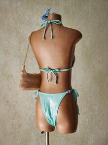 SHEIN ICON Set di bikini sexy a due pezzi con collo alto, schiena aperta e dettagli di perline