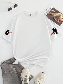 Flirla No Risk No Story Slogan Letter Graphic Plus Size Women Plus Size Round Neck Short Sleeve T-Shirt - White - View 2