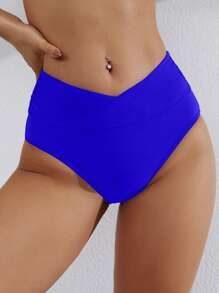 Swim Basics 女士纯色交叉腰带纯色夏季比基尼泳裤 - 寶藍色 - 查看 3