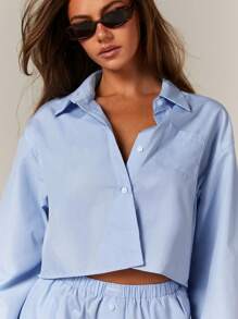 Athîral Women's Cotton Poplin Button Crop Shirt, Casual Spring Summer - Blue - View 5