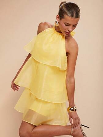 COSMINA Summer Dresses For Women,Women's Elegant Solid Color Knotted Halter Multi-Layer Ruffle Hem Mini Dress,Boho Clothes Women