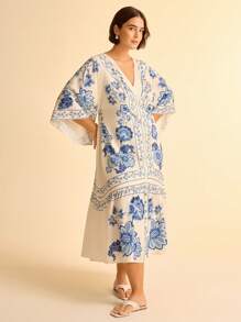 CAJUNI Damen Große Größen Boho tropisches Blumen Muster V-Ausschnitt Fledermaus Ärmel rückenfrei Lässig Sommer Maxikleid, Beige