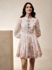 Anewsta New Floral Print & Embroidered Long Sleeve Single-Breasted Butterfly Elegant Dress For Women, Spring/Summer - White - View 5