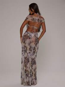 MUSERA Asymmetrical Neck Short Sleeve Print Chiffon Fitted Maxi Cover Up Beach Dress Swim Vacation Spring Summer Elegant Sexy