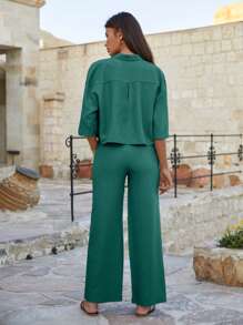 EURMUSE Bộ áo crop top cotton và quần cạp cao cho nữ - Màu xanh lá cây đậm - Xem 2