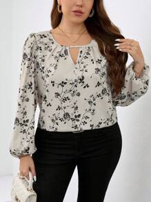 SHEIN Clasi Camisa elegante de manga farol con estampado floral talla grande - Blanco - Ver 5
