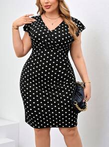 SHEIN Clasi 大码圆点荷叶边袖紧身连衣裙 - 黑與白 - 查看 3