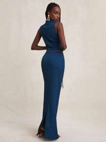 NYA SZN 女式高腰抽绳细节休闲日常度假春夏弹力针织裙套装 - 藍色 - 查看 5