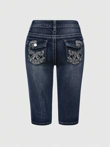 ROMWE Grunge Punk 女士花卉刺绣口袋修身牛仔短裤 - 藍色 - 查看 1