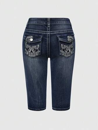 Grunge Punk Damen Skinny Capri Denim-Shorts mit floraler Stickerei Tasche