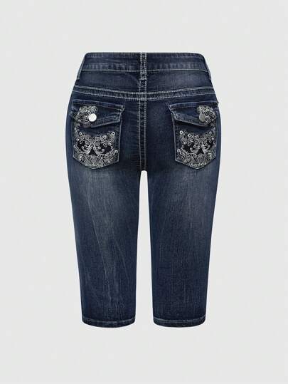 Grunge Punk Women's Floral Embroidered Pocket Skinny Capri Denim Shorts