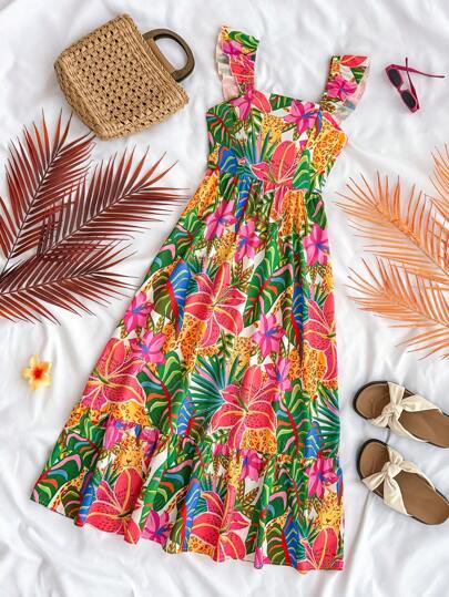 SHEIN 少女花卉印花方领盖袖荷叶边下摆长裙，夏季度假连衣裙