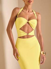 SHEIN BAE Đầm Maxi Ôm Sát Gợi Cảm Khoét Hở Lưng Buộc Dây Kim Loại Nhiều Lớp, Phong Cách Kỳ Nghỉ - Màu vàng - Xem 4