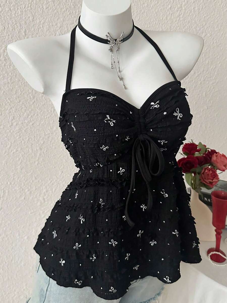 INAWLY Women's Bow Print Drawstring Halter Backless Sexy Camisole - Black - View 1