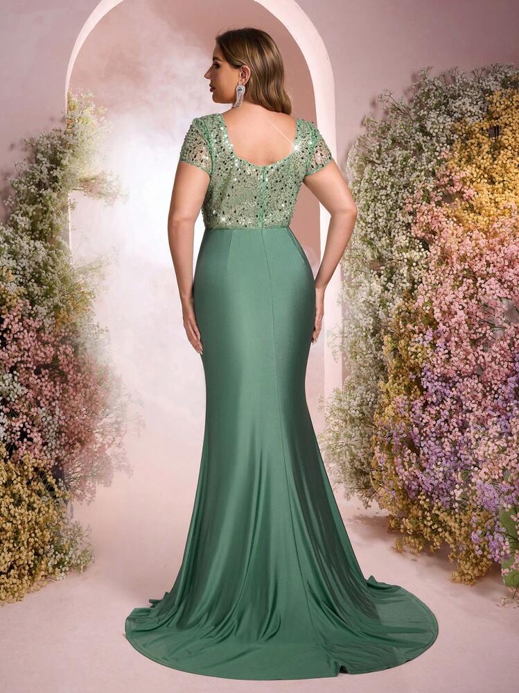 Falda de estilo sirena elástica y fruncida con parches de cuentas y lentejuelas elegante, lujosa y transparente en verde claro, adecuada para boda, fiesta, cóctel y ocasiones formales (diseño con mucho bordado) - Verde - Añade 3