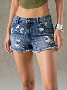 LYSMO Short en jean ample déchiré et effiloché avec poches, style décontracté pour femme - Bleu azur - Voir 4