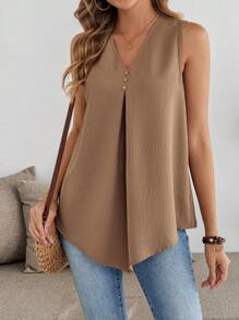 EMERY ROSE 加大码纯色 V 领不对称下摆无袖束腰上衣，适合外出、夏季、度假、西部装、乡村音乐会、办公室、女士工作上衣、商务休闲