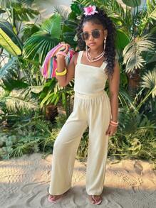 Tween Girl Solid Crop Cami Top & Wide Leg Pants Two Pieces Set,Mommy And Me Matching Outfits(2 Sets Are Sold Separately) - White - View 2