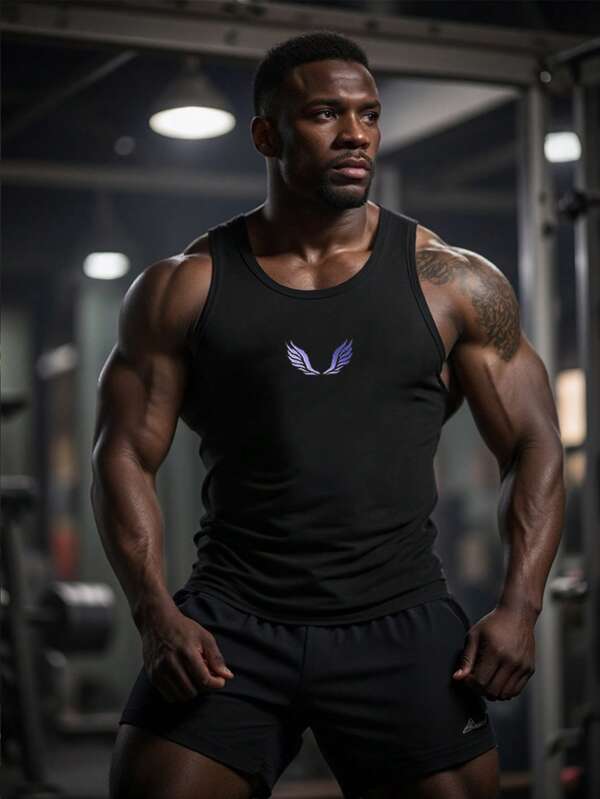 Manfinity Sport PWRUP Maiou de fitness pentru bărbați, cu imprimeu de aripi, casual, pentru antrenament, maiouri de antrenament, topuri de compresie, respirabil