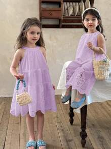 LMoss Kids 年轻女孩无袖合身休闲纯色迷你连衣裙 - 紫色 - 查看 6