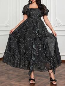 Lyrianda Plus Size Romantic Square Neck Cinched Waist Ruffle Hem Dress