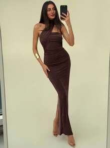 Aloruh Elegant One Shoulder Ruffle Draped Design Slim Fit Pleated Glitter Maxi Straight Evening Dress Vacation Dress - Brown - View 6