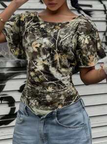 INAWLY T-shirt ajusté avec manches chauve-souris, col bateau, plissé, imprimé d'anciens arbres, pour femme en été - Militaire verte - Voir 1