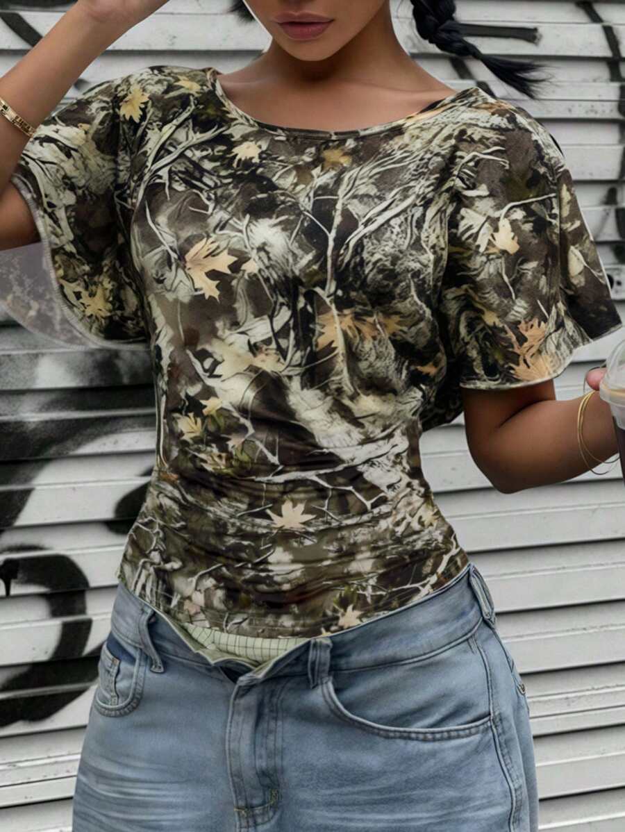 INAWLY T-shirt ajusté avec manches chauve-souris, col bateau, plissé, imprimé d'anciens arbres, pour femme en été - Militaire verte - Voir 1