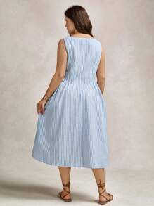 Zelara Plus Size Summer Striped Round Neck Sleeveless Ruched Casual Work Dress,Old Money Style Women - Blue and White - View 9