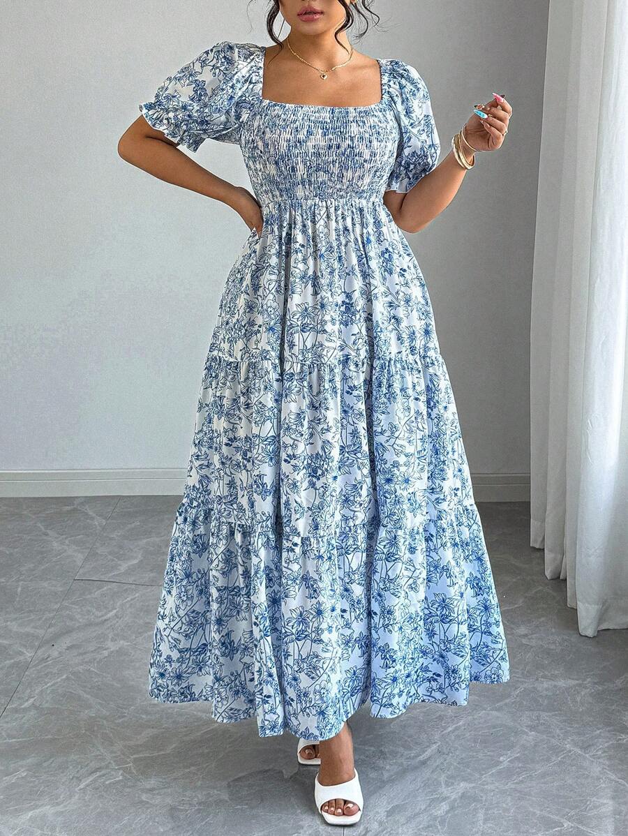 Elenzga 大码女式优雅方领荷叶边袖高腰小碎花连衣裙 - 彩色 - 查看 1