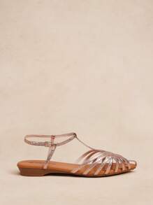 Rosivie 女式2025新款镂空编织罗马凉鞋，时尚平底封闭式趾带休闲沙滩鞋 - 香檳色 - 查看 3