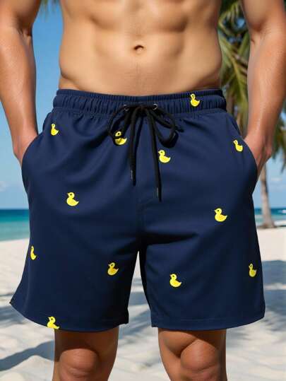 Surfspeed Men's Cartoon Duck Print Drawstring Waist Pockets Beach Shorts Men Swim Trunks Duck Print Duck Swim Trunks Men Swim Trunks Funny